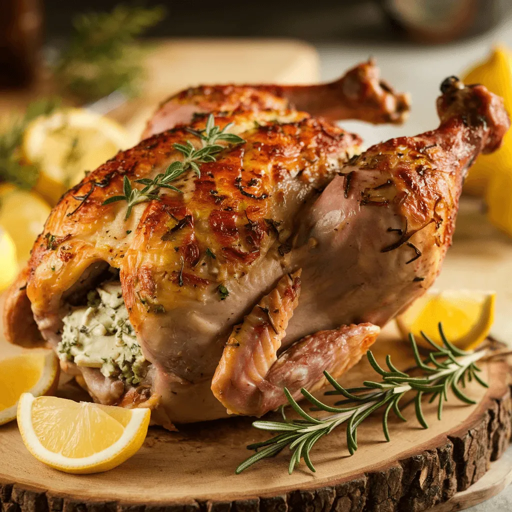 Stuffed grilled chicken with golden crispy skin