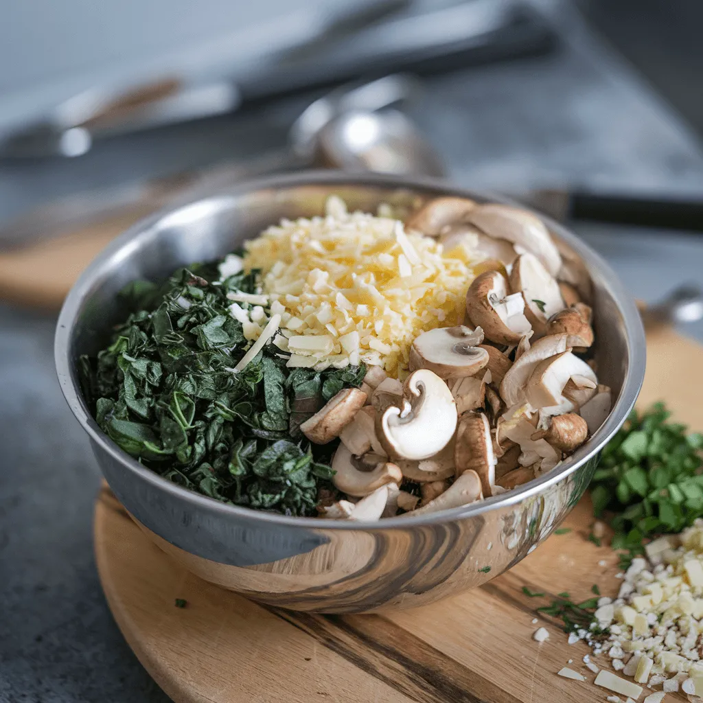 Keto stuffing ingredients: spinach, cheese, mushrooms, and herbs