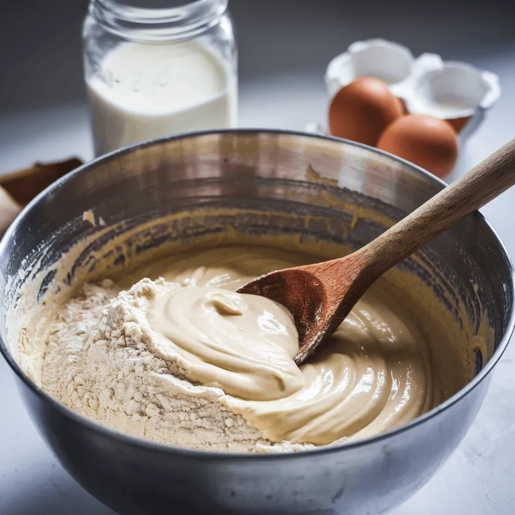 Buttermilk being poured into a bowl of flour for donuts