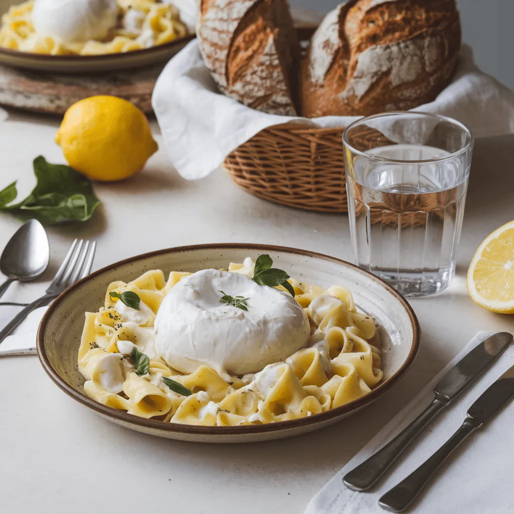 Burrata pasta served withWter and Lemon and bread