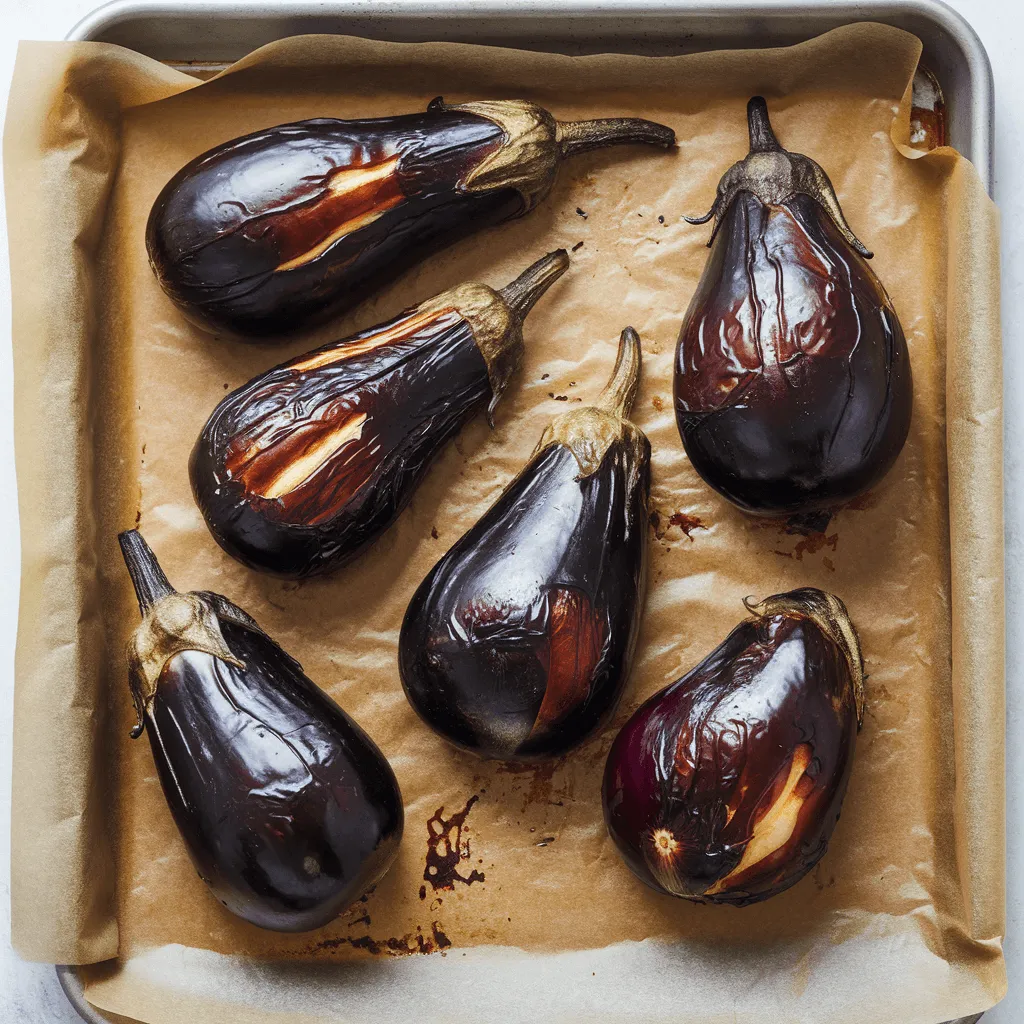 Roasted eggplant on a baking tray with charred skin