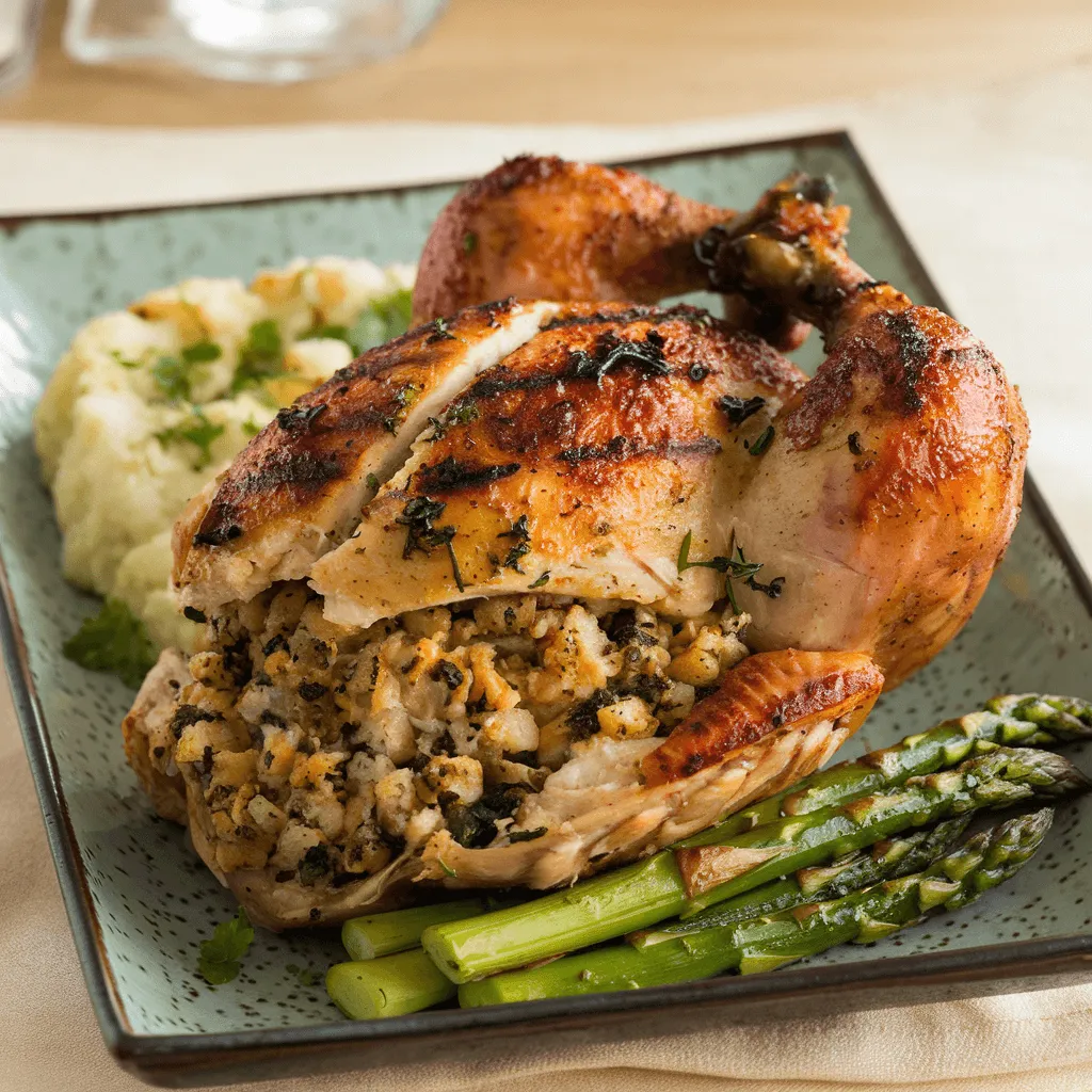 Stuffed grilled chicken plated with keto side dishes