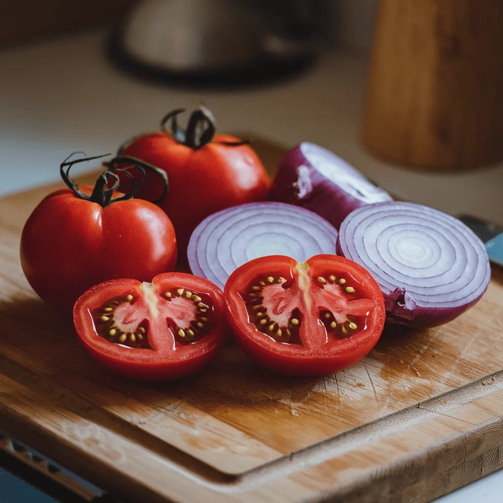 Sliced tomatoes and onions on a wooden cutting board