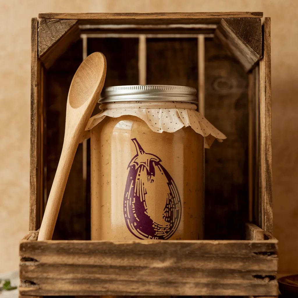 Eggplant puree stored in a glass jar with a spoon