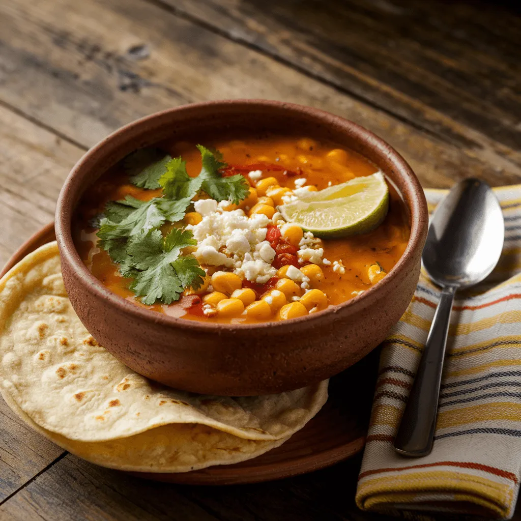 Garnished El Salvadoran corn soup recipe with fresh cilantro and lime