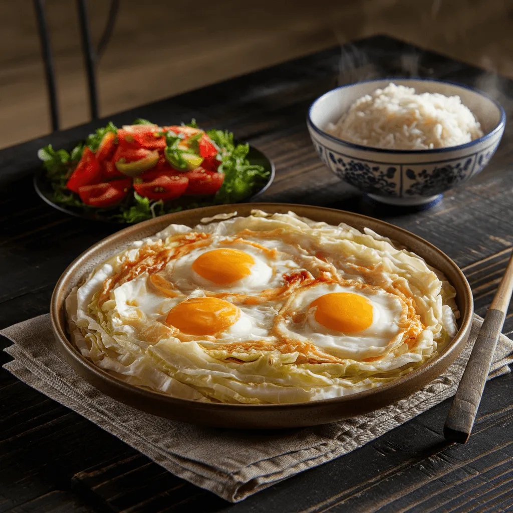 cabbage and egg meal served with side dishes