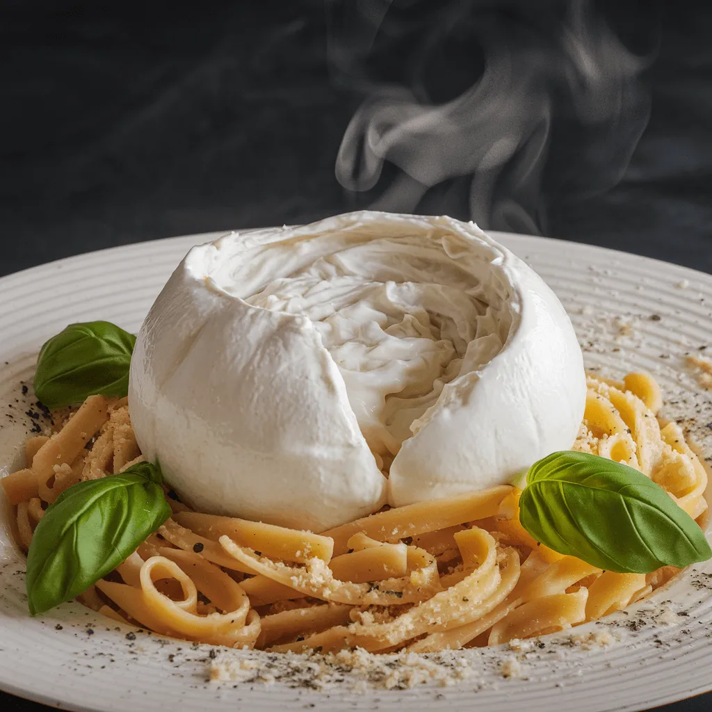 Close-up of fresh burrata cheese on pasta