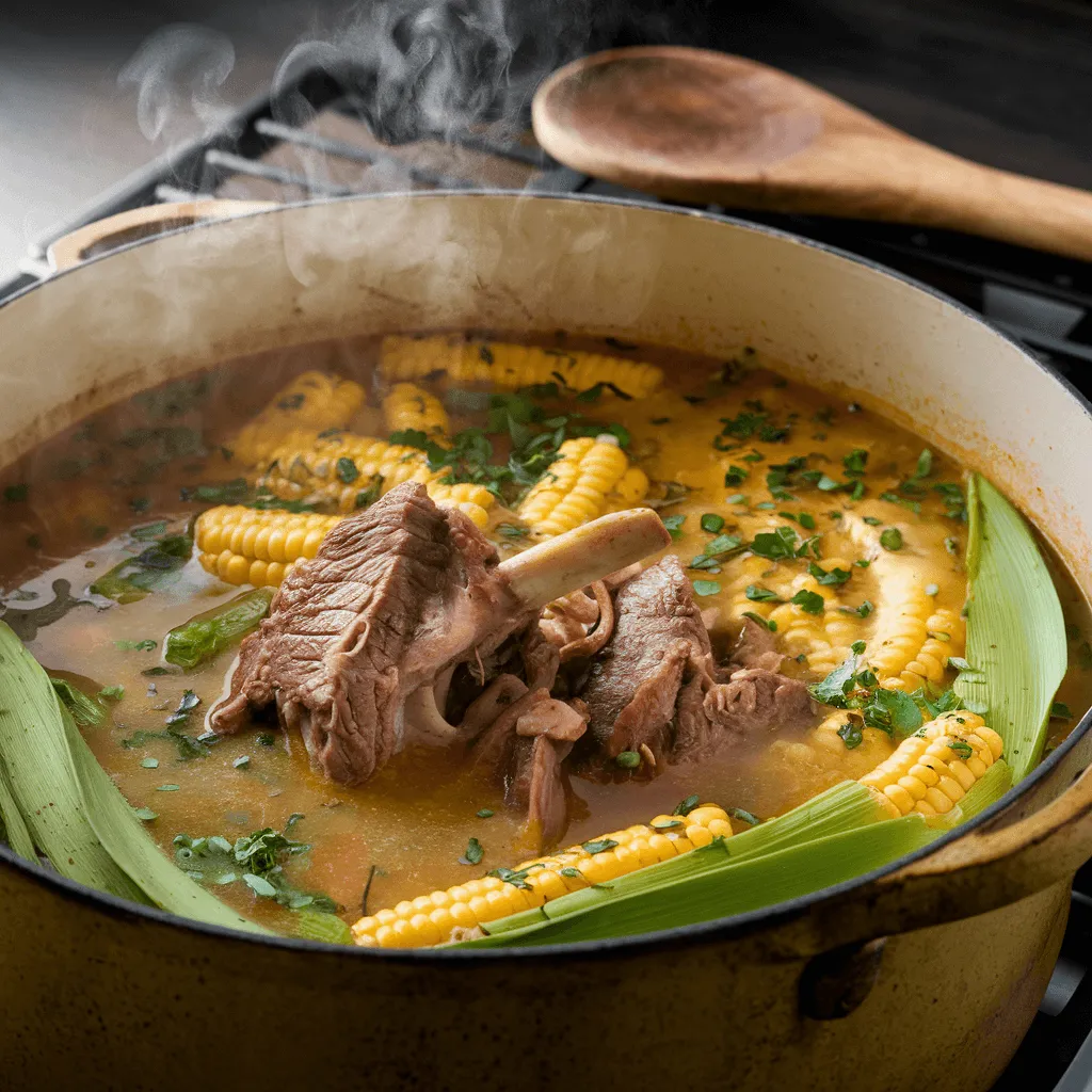 Traditional slow-cooked El Salvadoran corn soup recipe in a pot