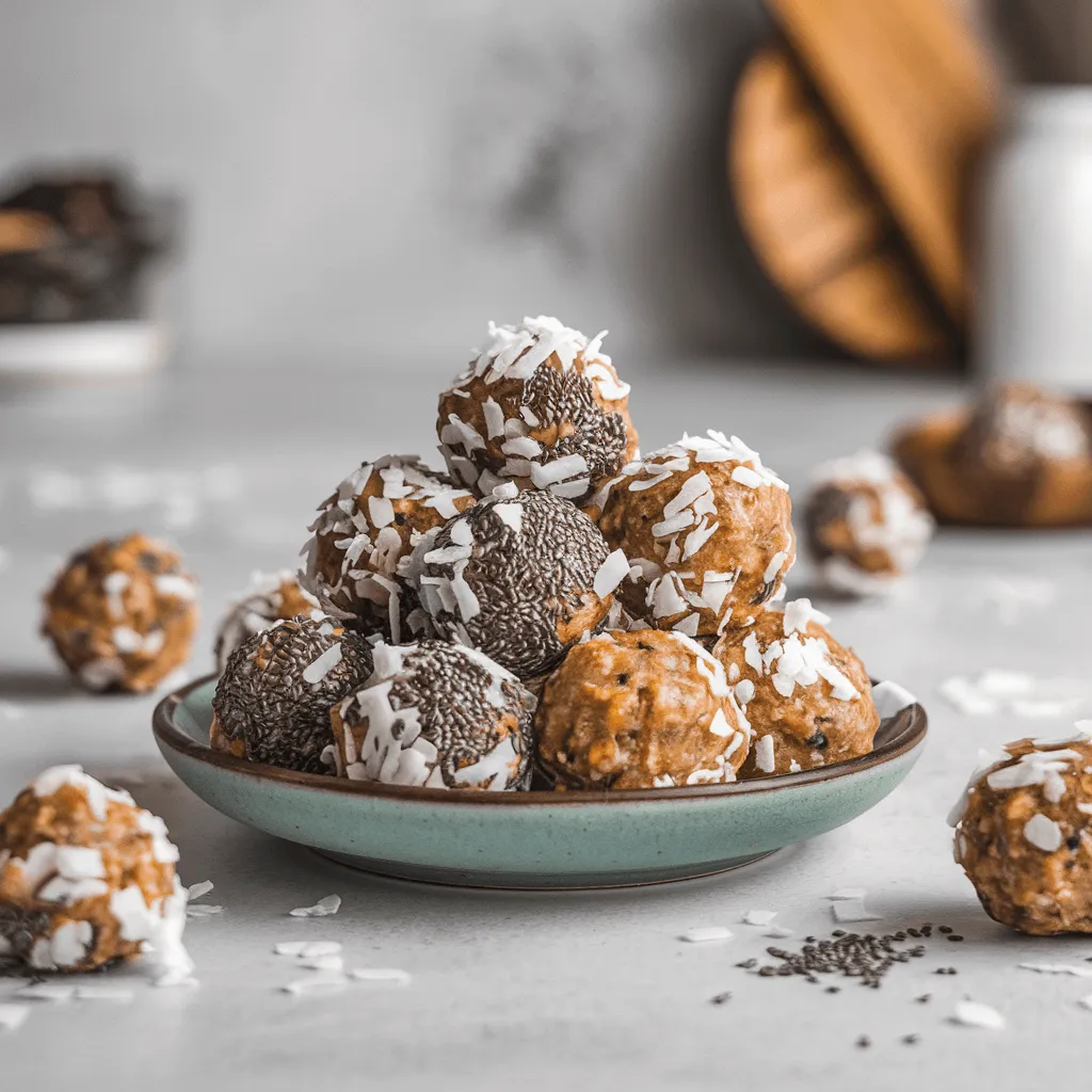 "Vegan almond butter healthy energy balls on a plate"