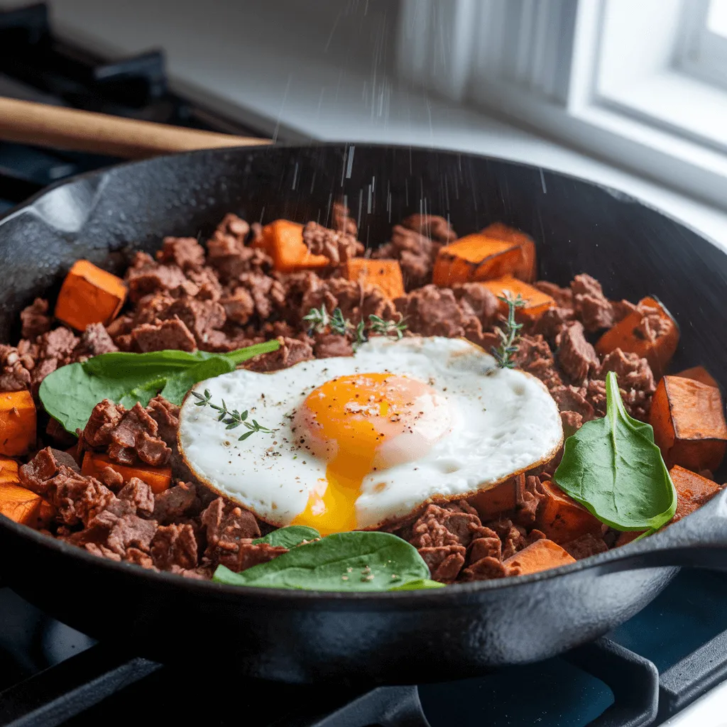 Beef liver pudding hash with sweet potatoes and egg