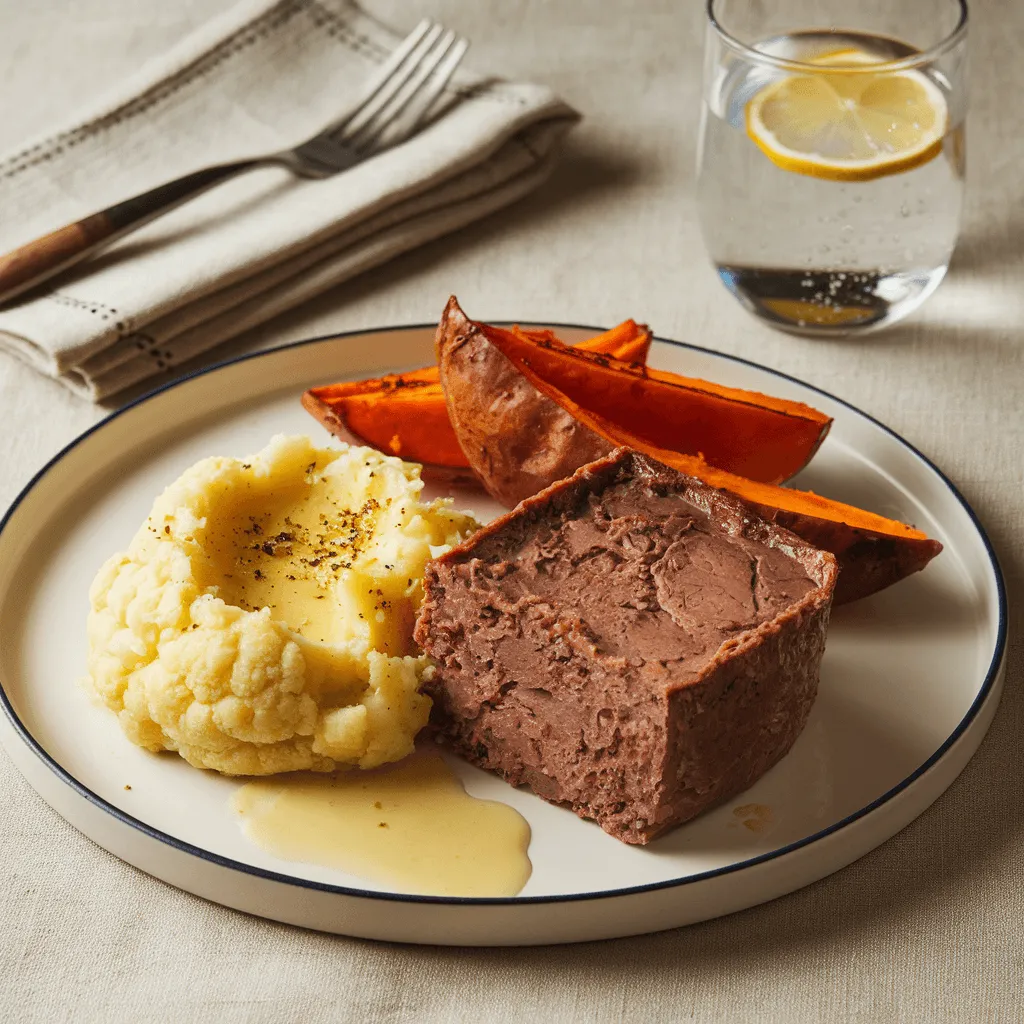 Beef liver pudding with roasted sweet potatoes and mashed cauliflower