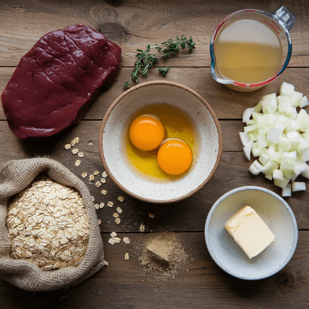 Beef liver pudding ingredients on wooden table