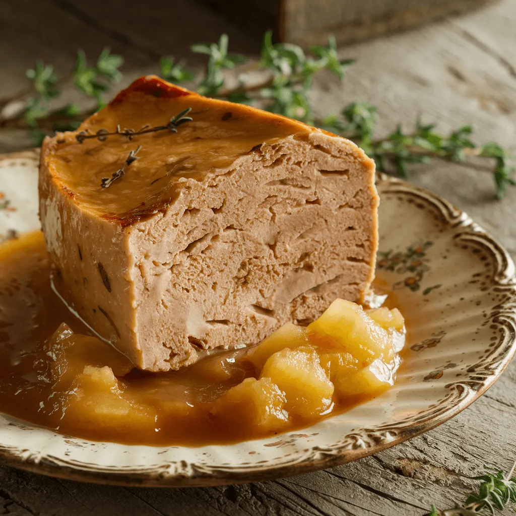 Beef liver pudding slice on rustic plate with applesauce