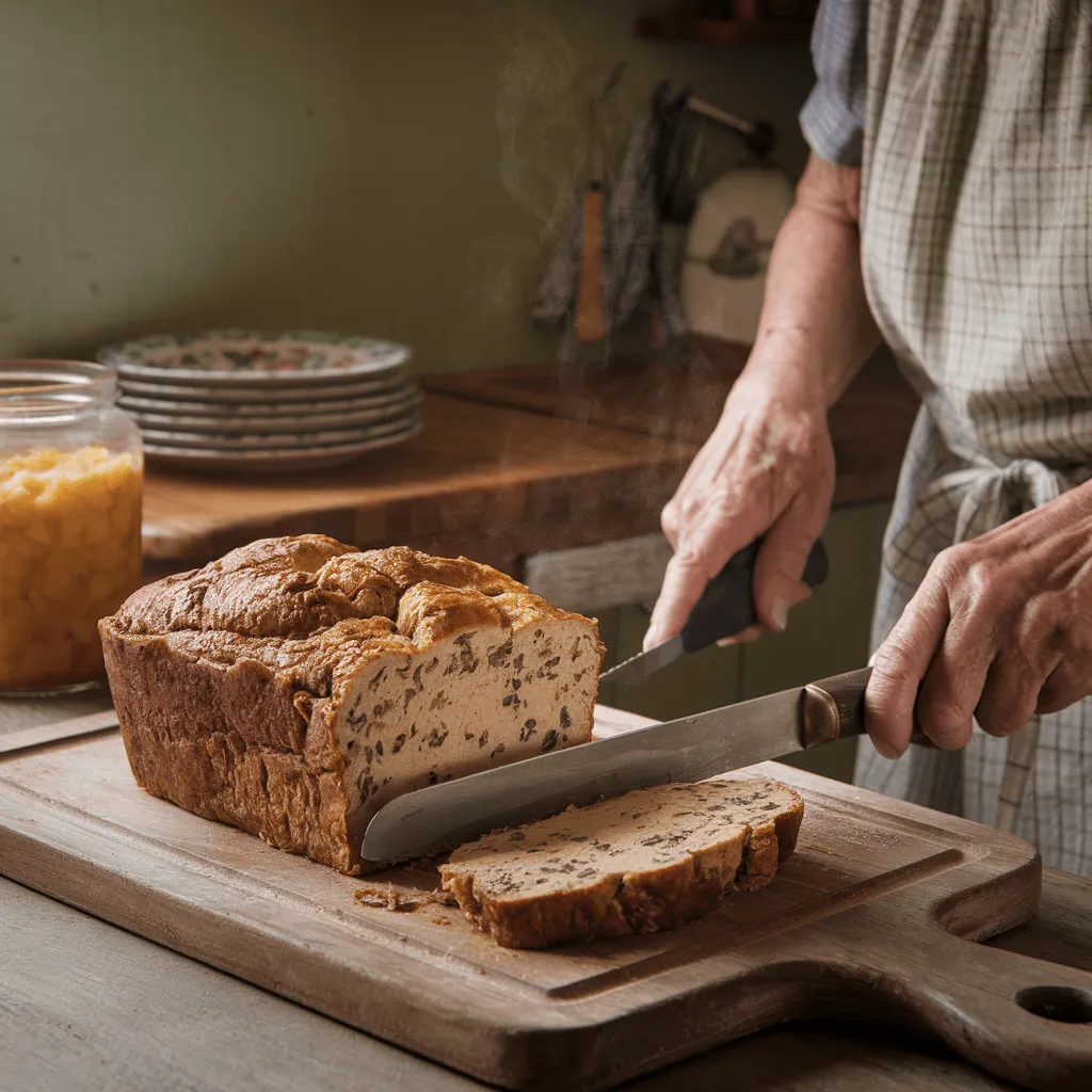 Grandma slicing beef liver pudding in cozy kitchen